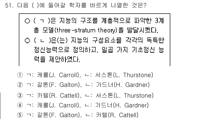 청소년상담사_2급(1교시)(구) 2025년 51번 - . 

교수 법칙에 따르면 지능은 여러 요소로 구성되어 있으며, J. C... 에 관한 핵심 기출문제