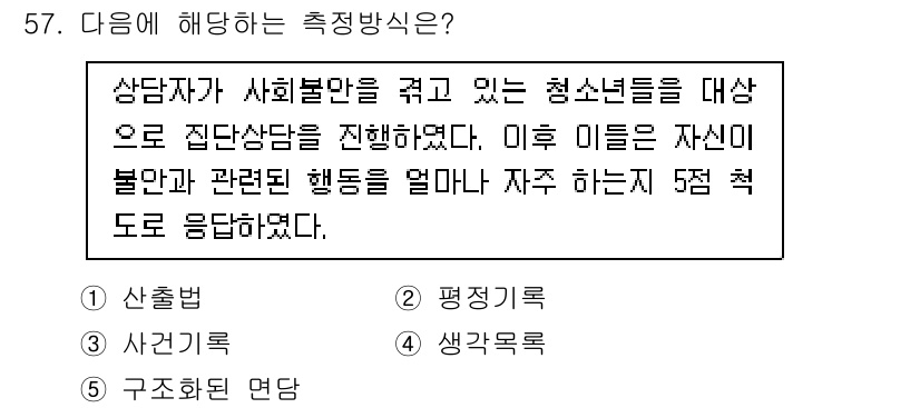 청소년상담사_2급(1교시)(구) 2025년 57번 - . 평정이론  

평정이론은 상담자가 청소년의 행동을 평가하고 이를 통해... 에 관한 핵심 기출문제