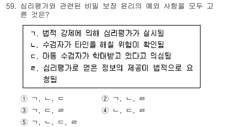 청소년상담사_2급(1교시)(구) 2025년 59번 - . 심리평가와 관련된 비밀 보장 윤리는 정보 제공 시 법적 요건을 반드시... 에 관한 핵심 기출문제