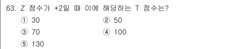 청소년상담사_2급(1교시)(구) 2025년 63번 - T 점수는 Z 점수를 기준으로 계산됩니다. Z 점수에 50을 더하고 10... 에 관한 핵심 기출문제