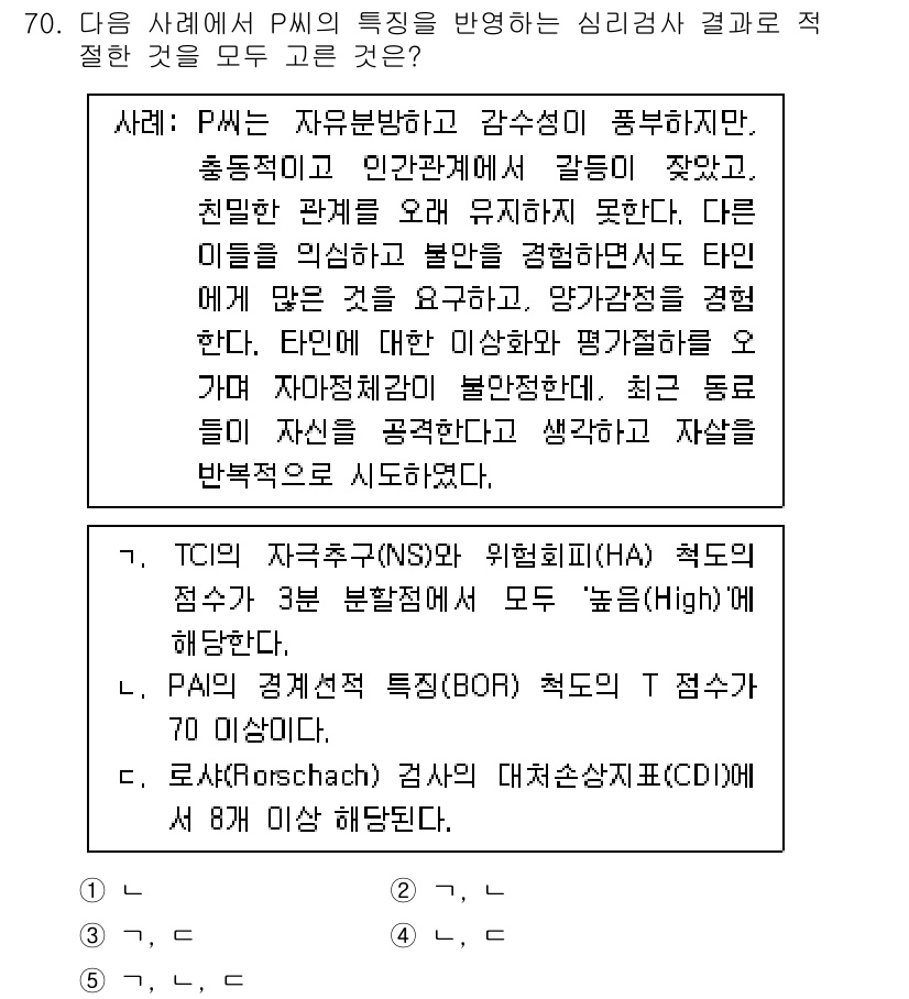 청소년상담사_2급(1교시)(구) 2025년 70번 - 문제에서는 TCI와 BOR 검사에서의 대응 관계를 묻고 있습니다. TCI... 에 관한 핵심 기출문제