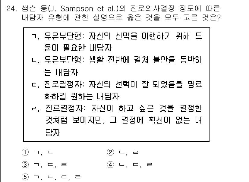 청소년상담사_2급(2교시)(구) 2025년 24번 - 정답 4번은 '자신이 하고 싶은 것을 결정한 것처럼 보이지만, 그 결정에... 에 관한 핵심 기출문제
