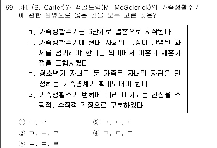 청소년상담사_2급(2교시)(구) 2025년 69번 - 정답 5번은 가족생활주기가 변화를 통해 가족의 역동성과 적응 능력을 강조... 에 관한 핵심 기출문제