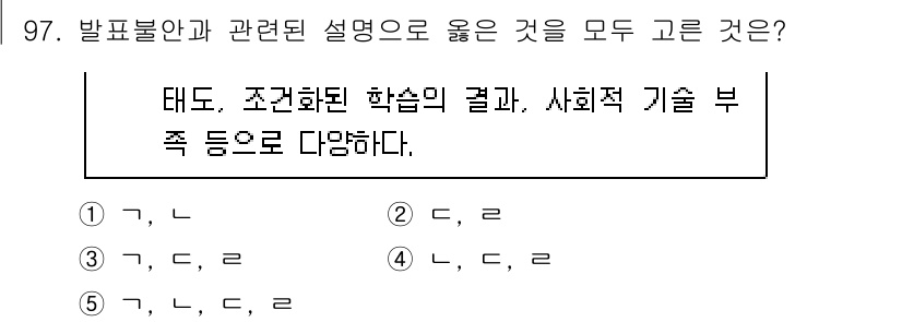 청소년상담사_2급(2교시)(구) 2025년 97번 - 문항에서 묻는 "발표불안과 관련된 설명으로 옳은 것"은 발표 불안의 원인... 에 관한 핵심 기출문제