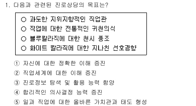 청소년상담사_2급(2교시) 2025년 1번 - 진로와 관련된 상담의 목표는 개인의 직업적 정체성을 지원하고, 진로 탐색... 에 관한 핵심 기출문제