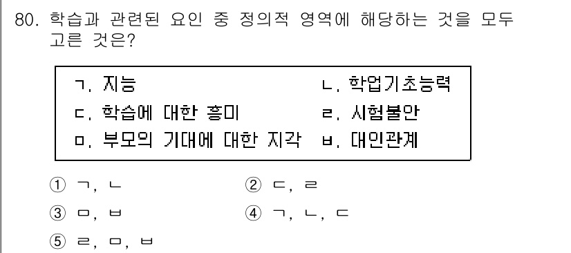 청소년상담사_2급(2교시) 2025년 80번 - . 

학습과 관련된 요인은 학업 수행에 직접적으로 영향을 미치는 요소들... 에 관한 핵심 기출문제
