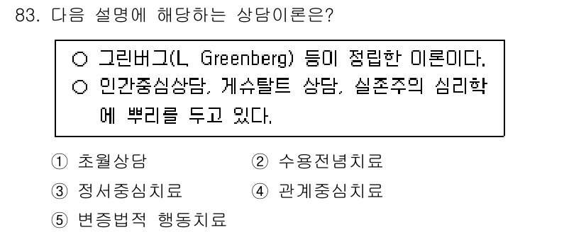 청소년상담사_3급(1교시)(구) 2025년 83번 - 정답은 3번 인간중심상담이다. 칼 로저스의 이론에 근거하여, 사람의 주체... 에 관한 핵심 기출문제