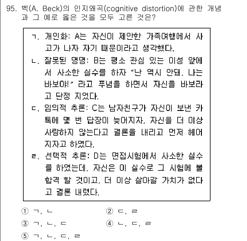 청소년상담사_3급(1교시)(구) 2025년 95번 - 정신적 왜곡(cognitive distortion)은 개인이 자신에 대해... 에 관한 핵심 기출문제