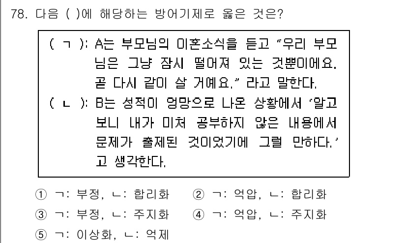 청소년상담사_3급(1교시) 2025년 78번 - . 

정답인 이유는 A가 부모의 이혼 소식에 대해 느끼는 심리적 불안정... 에 관한 핵심 기출문제