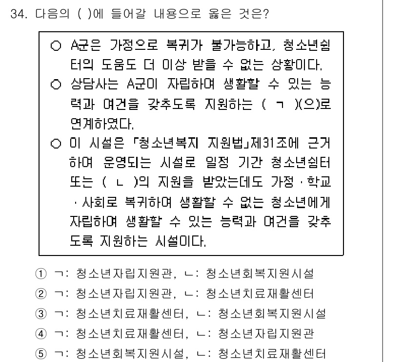 청소년상담사_3급(2교시)(구) 2025년 34번 - 정답은 청소년복지 지원법 제31조에 근거하여 운영되는 시설입니다. 이 법... 에 관한 핵심 기출문제