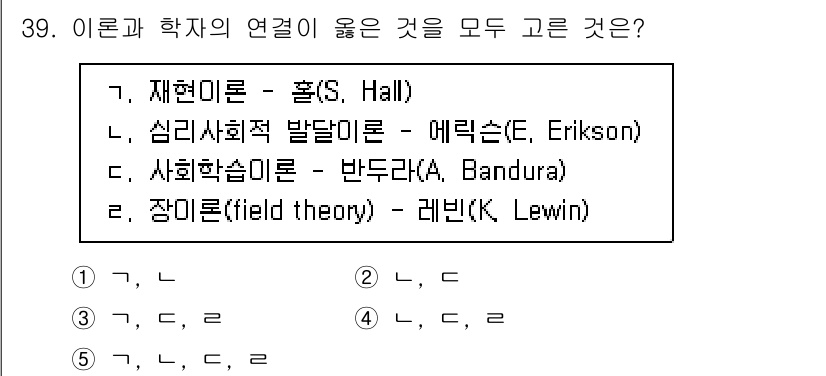 청소년상담사_3급(2교시)(구) 2025년 39번 - 재현이론은 홀(Hall)과 관련이 없고, 심리사회적 발달이론은 에릭슨(E... 에 관한 핵심 기출문제
