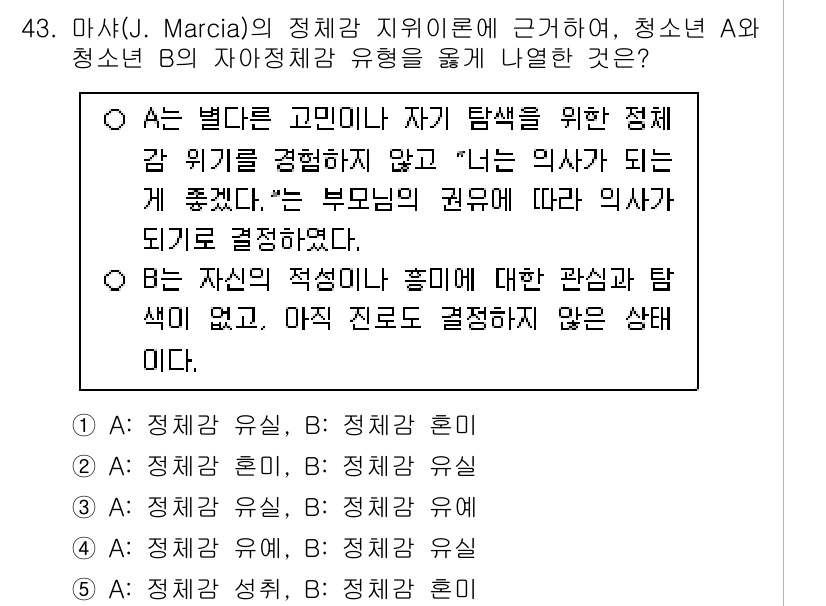 청소년상담사_3급(2교시)(구) 2025년 43번 - . 

정답이 유효한 이유는, 청소년이 자신의 정체성을 탐색하는 과정에서... 에 관한 핵심 기출문제