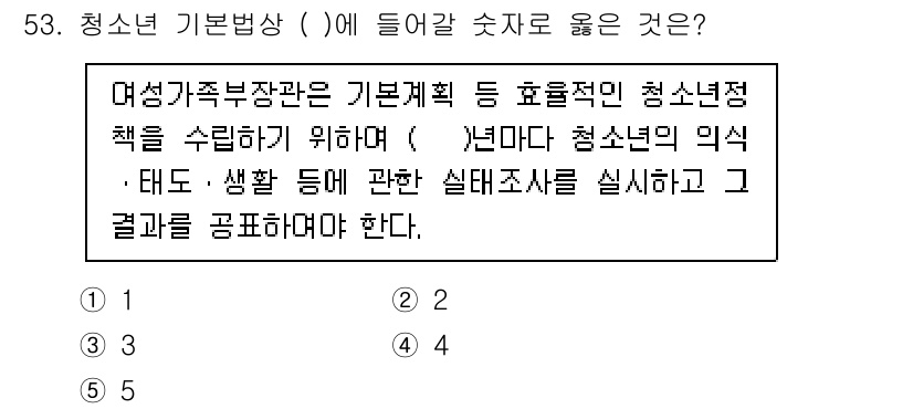 청소년상담사_3급(2교시)(구) 2025년 53번 - 이유: 청소년 가족부장관은 청소년의 의견과 생활 현실을 조사하여 정책 수... 에 관한 핵심 기출문제