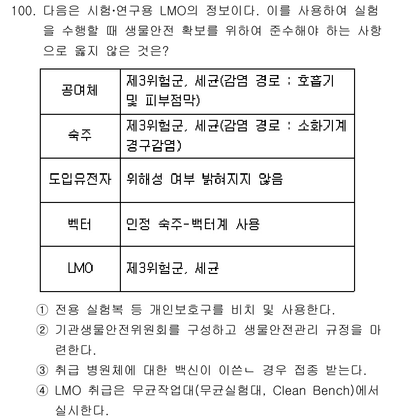 연구실안전관리사 2024년 100번 - . LMO(작성된 연구실 안전 관리 지침)에 따르면, 제3 종류의 생물체... 에 관한 핵심 기출문제