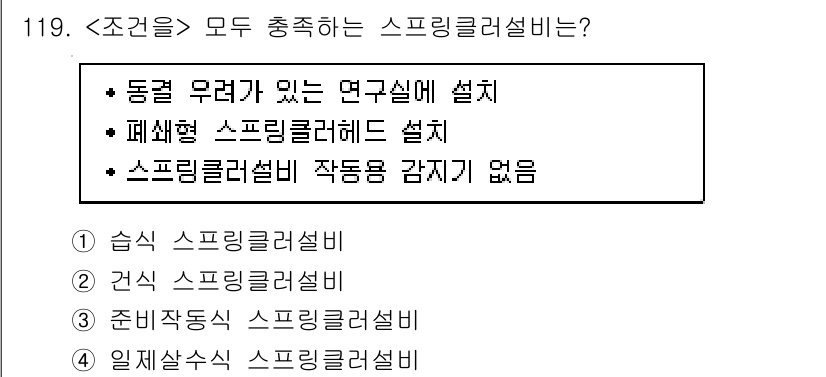 연구실안전관리사 2024년 119번 - 폐쇄형 스프링클러헤드는 일반적으로 예비 배관이 필요 없고, 특정 구역에서... 에 관한 핵심 기출문제