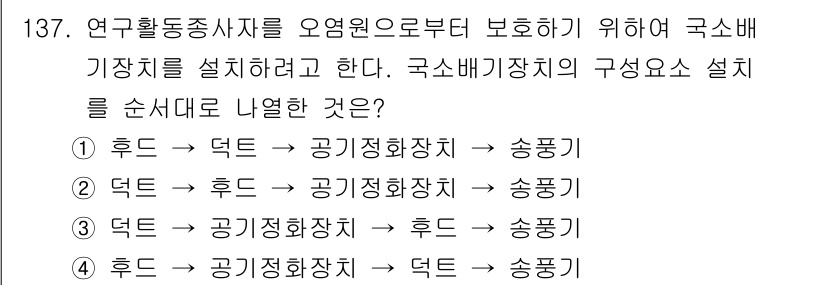 연구실안전관리사 2024년 137번 - . 

국소배기장치의 구성 요소는 후드가 덕트를 통해 공기정화장치로 연결... 에 관한 핵심 기출문제