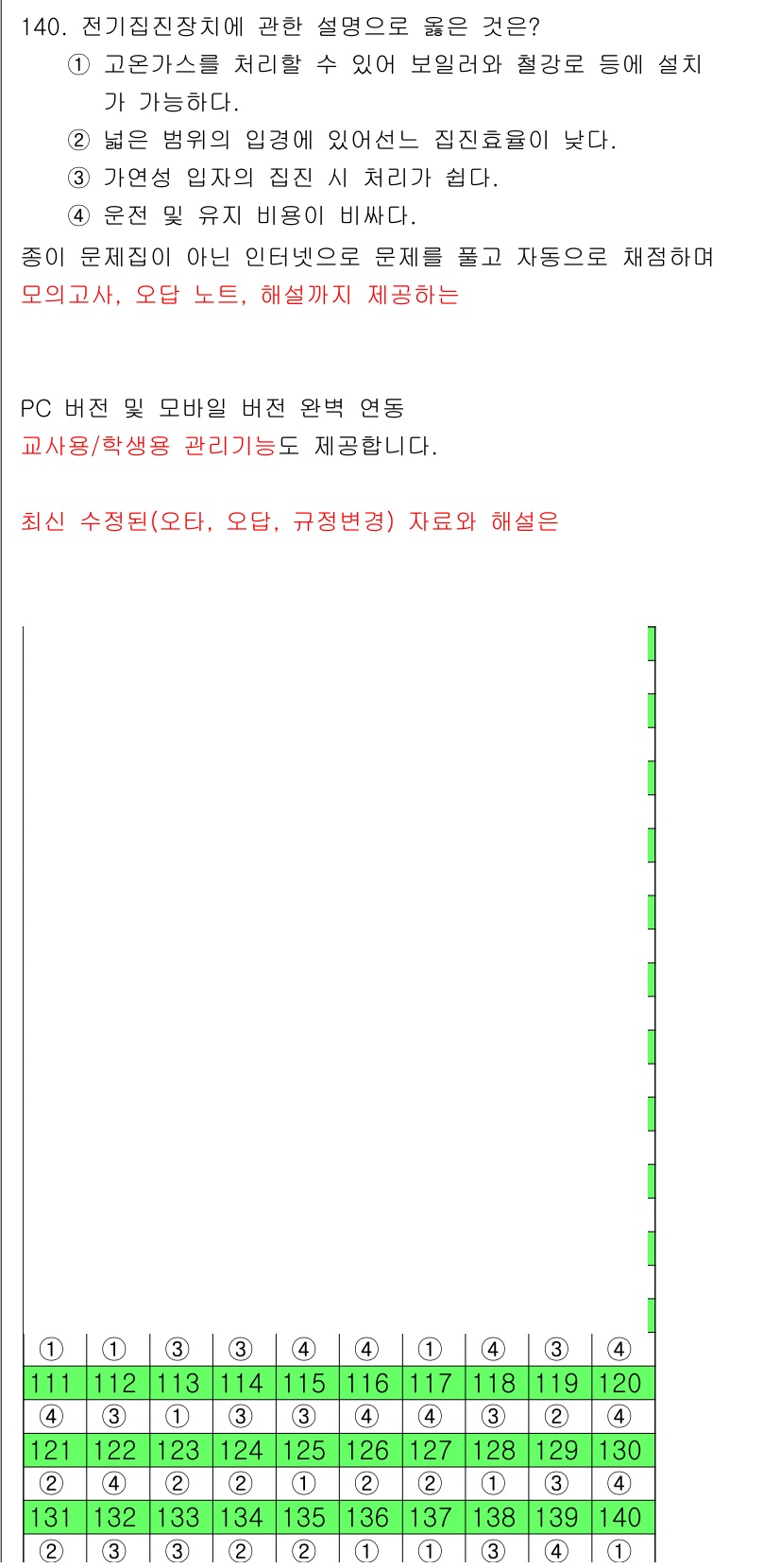 연구실안전관리사 2024년 140번 - 전기진단장치의 설명에 대해, 고전압을 처리할 수 있어 보안과 원활한 설치... 에 관한 핵심 기출문제