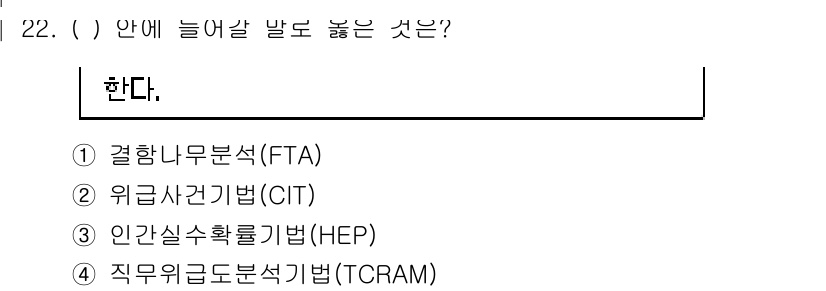 연구실안전관리사 2024년 22번 - 정답은 3번 "직무위험도 분석기법(TCRAM)"입니다. TCRAM은 직무... 에 관한 핵심 기출문제