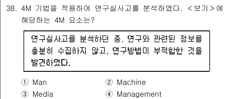 연구실안전관리사 2024년 38번 - . 4M 요서는 연구실 사고 분석 시 사람, 기계, 매체, 관리의 네 가... 에 관한 핵심 기출문제