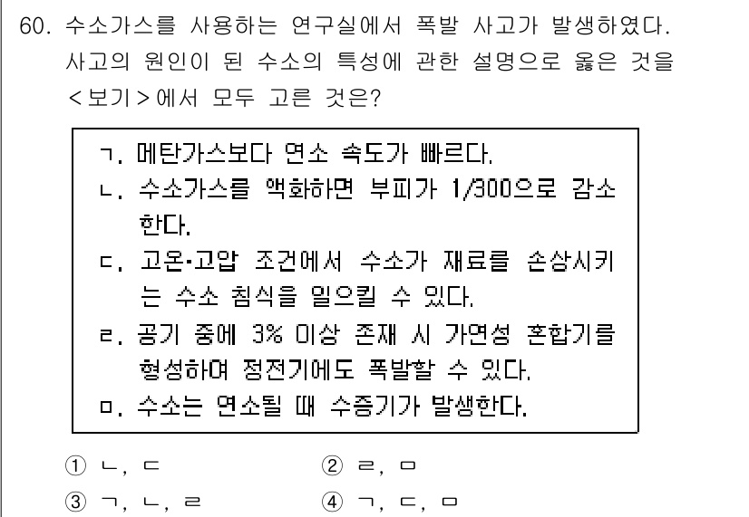 연구실안전관리사 2024년 60번 - 수소가스는 메탄가스보다 연소 속도가 빠르며, 이로 인해 폭발 위험이 증가... 에 관한 핵심 기출문제