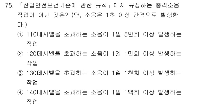연구실안전관리사 2024년 75번 - .  
110 데시벨 초과의 소음은 1일 5만 회 발생하는 작업에 해당하... 에 관한 핵심 기출문제