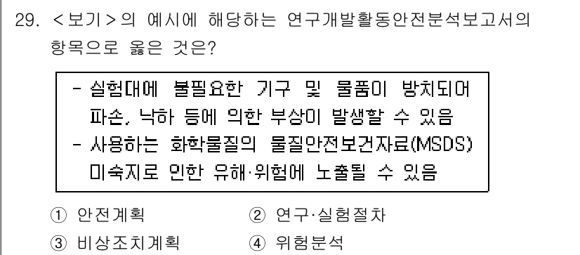 연구실안전관리사 2025년 29번 - . 

연구개발활동 안전분석 보고서의 주목적은 연구실에서 발생할 수 있는... 에 관한 핵심 기출문제