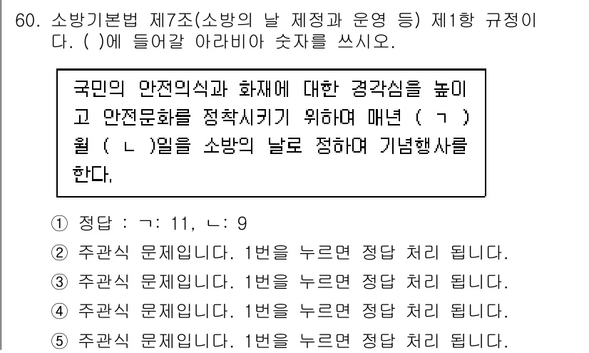 주택관리사보_2차 2024년 60번 - 1. 소방기본법 제7조에 따른 소방의 날 지정과 운영은 국민의 안전 의식... 에 관한 핵심 기출문제