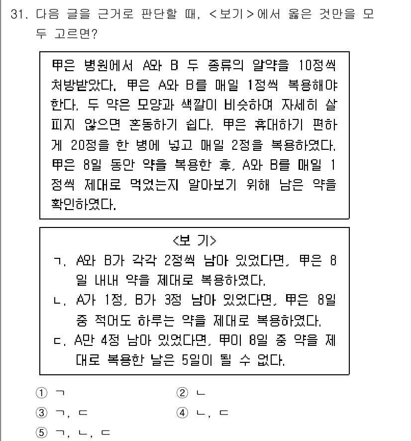 PSAT_상황판단 2025년 31번 - 문제에서 A와 B의 약물이 10정씩 남아 있으며, A약물이 8정이 남아 ... 에 관한 핵심 기출문제