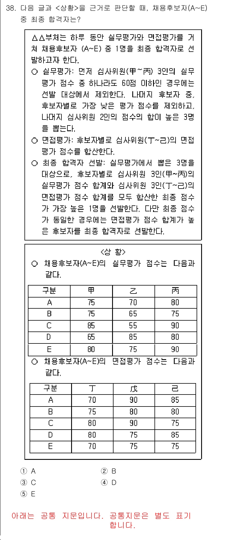 PSAT_상황판단 2025년 38번 - 해설: 상황판단에서 A와 E는 둘 다 상반된 조건을 충족해야 하므로, A... 에 관한 핵심 기출문제