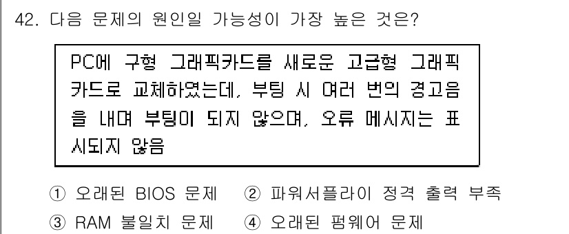 PC정비사_1급 2025년 42번 - 문제의 원인이 가장 높은 가능성은 "오류된 BIOS 문제"입니다. 그래픽... 에 관한 핵심 기출문제