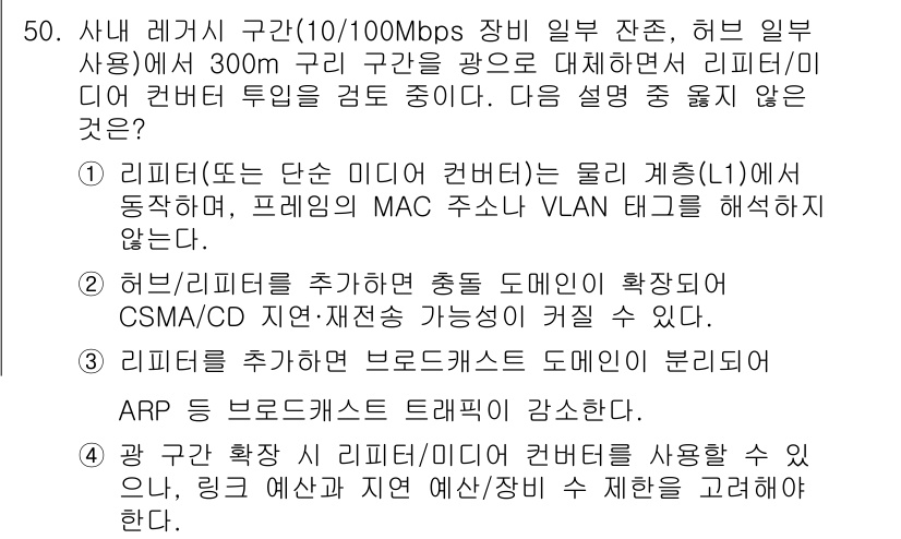 네트워크관리사_1급 2025년 50번 - 정답 3번은 리피터를 추가하면 브로드캐스트 트래픽이 제한된다는 설명이 적... 에 관한 핵심 기출문제