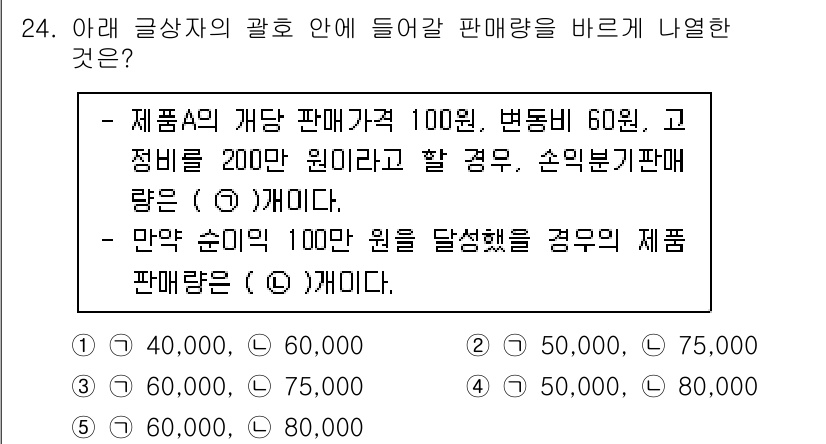 유통관리사_2급 2025년 24번 - . 

제품 A의 판매량은 손익분기점의 초과분에서 결정되며, 주어진 조건... 에 관한 핵심 기출문제