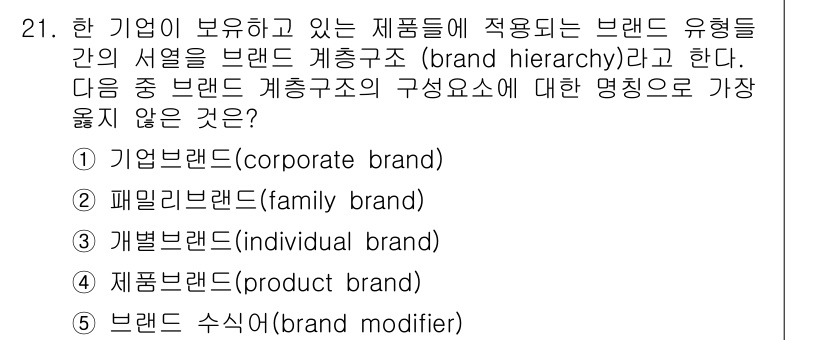 유통관리사_3급 2025년 21번 - 정답은 4번 '브랜드 수식어(brand modifier)'입니다. 브랜드... 에 관한 핵심 기출문제