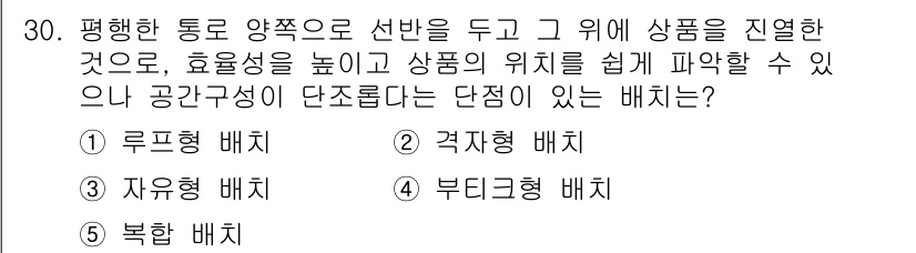 유통관리사_3급 2025년 30번 - 정답은 2. 격자형 배치입니다. 격자형 배치는 공간의 효율성을 높여 상품... 에 관한 핵심 기출문제