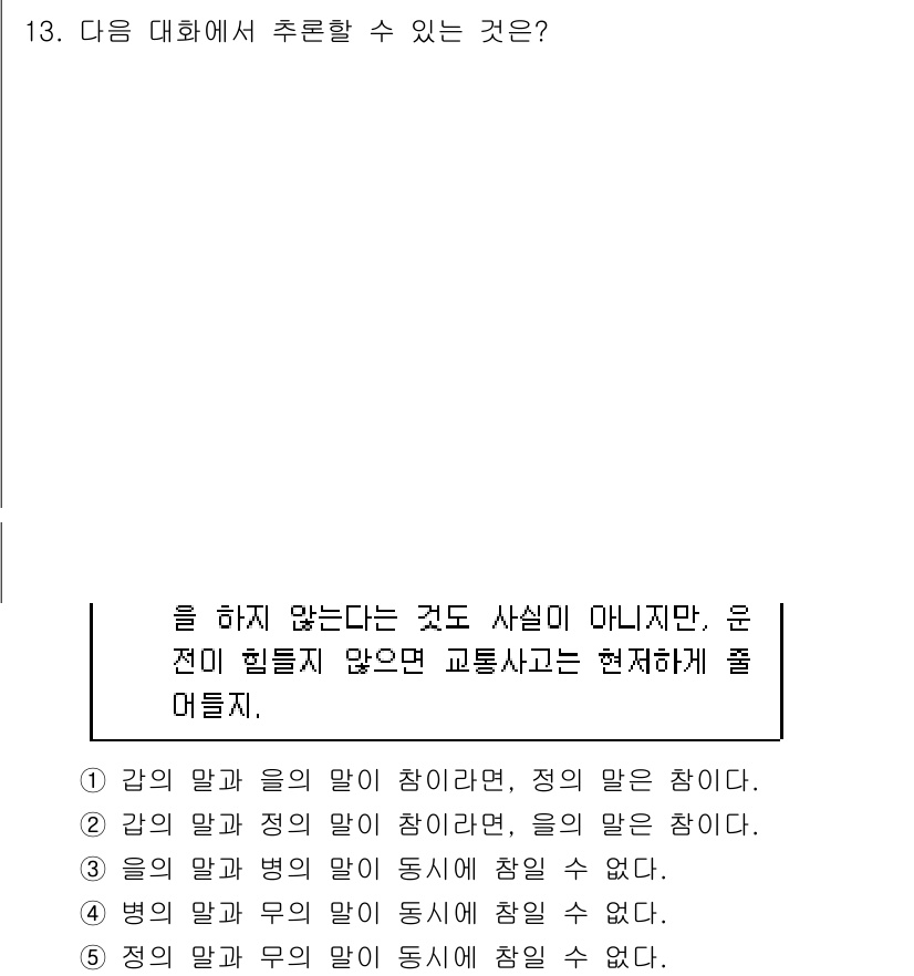 PSAT_언어논리 2025년 13번 - 정답 4번이 올바른 이유는 "병의 말과 의의 말이 동시에 참여할 수 없다... 에 관한 핵심 기출문제