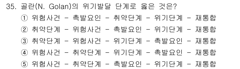 사회복지사_1급(2교시)(구) 2025년 35번 - 골란(N. Golan)의 위기발달 단계는 일반적으로 "위험사건 → 취약단... 에 관한 핵심 기출문제