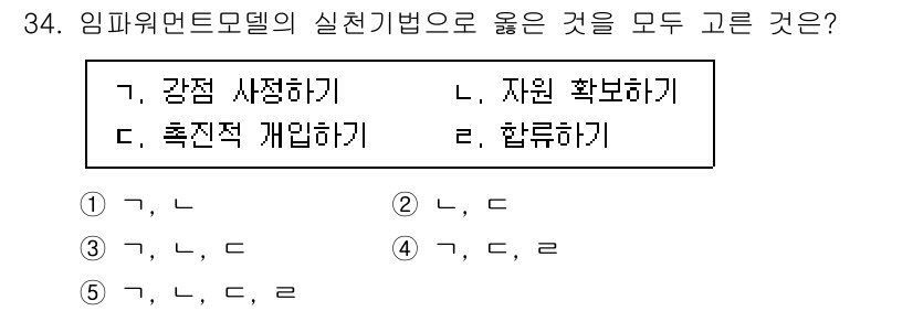 사회복지사_1급(2교시) 2025년 34번 - 임파워먼트 모델의 실천 기법에서 중요한 요소는 개인이나 집단의 자원을 활... 에 관한 핵심 기출문제
