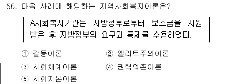 사회복지사_1급(2교시) 2025년 56번 - 지역사회복지란 재정 지원과 정책 결정에 있어 지역 주민과의 협력을 강조하... 에 관한 핵심 기출문제