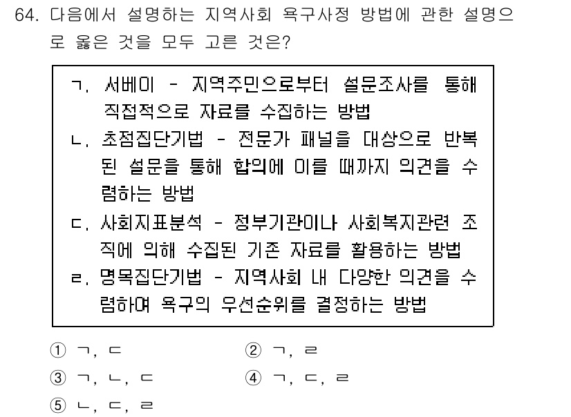 사회복지사_1급(2교시) 2025년 64번 - 문제에서 제시된 지역사회 욕구파악 방법 중 "서베이"는 지역주민으로부터 ... 에 관한 핵심 기출문제