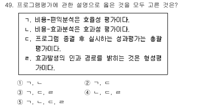 사회복지사_1급(3교시) 2025년 49번 - 프로그램 평가는 다양한 측면에서 프로그램의 효과를 측정하는 것으로, 단순... 에 관한 핵심 기출문제