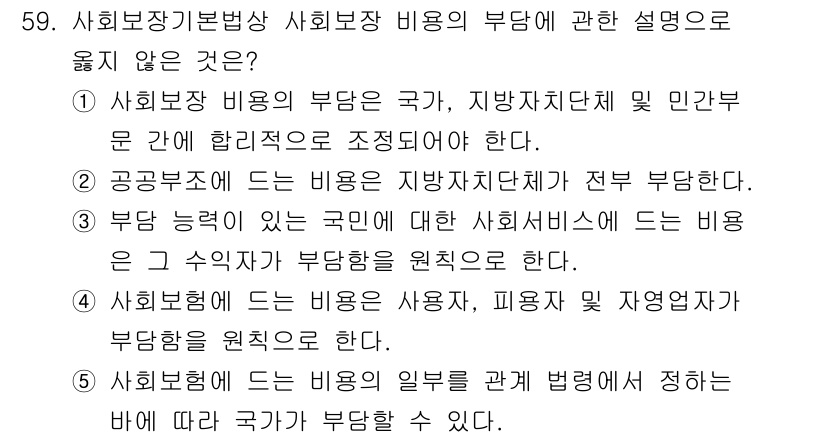 사회복지사_1급(3교시) 2025년 59번 - 사회복지사 1급에서 부당한 비용 부담에 대한 설명은 국가와 지방자치단체의... 에 관한 핵심 기출문제