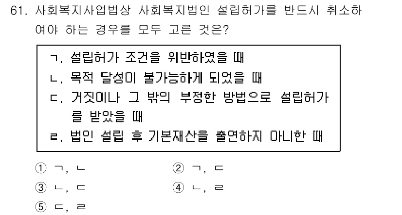 사회복지사_1급(3교시) 2025년 61번 - 사회복지사 1급 시험에서 사회복지사업법 사회복지의 설립허가를 반려해야 하... 에 관한 핵심 기출문제