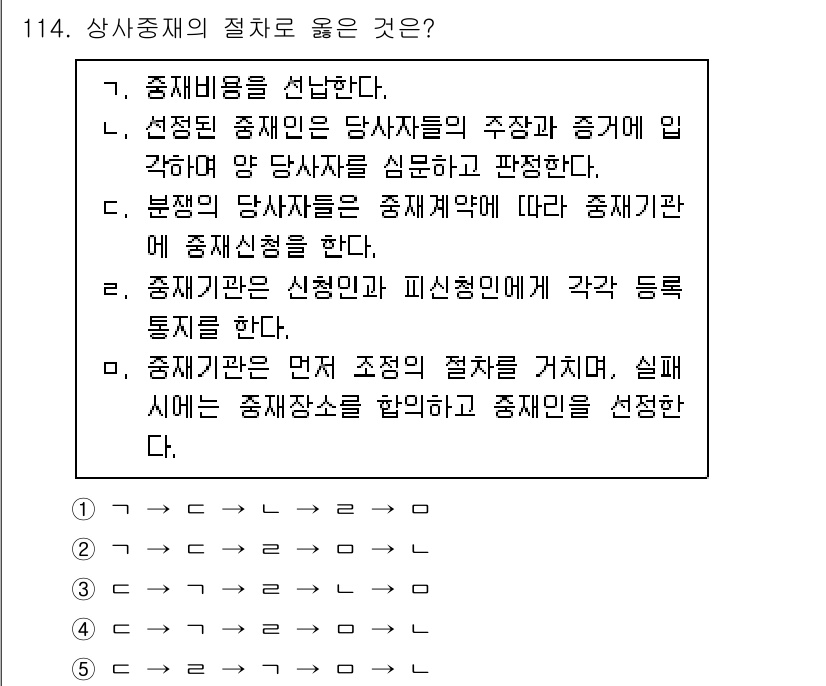 물류관리사_1교시 2025년 114번 - 정답인 이유는 다음과 같습니다. 상사중재의 절차는 중재비용을 선납하고, ... 에 관한 핵심 기출문제