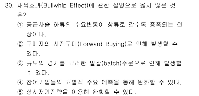 물류관리사_1교시 2025년 30번 - . 상지자전략을 이용해 완화할 수 있다.

해설: Bullwhip Eff... 에 관한 핵심 기출문제