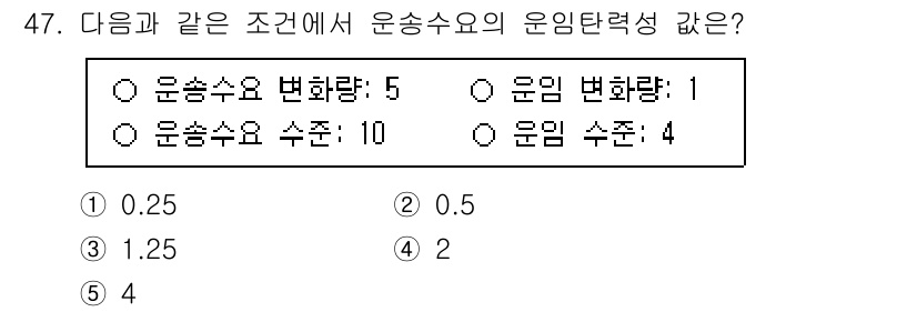 물류관리사_1교시 2025년 47번 - 운송수요와 운임수준을 고려할 때, 운송수요 변화량(5에서 10으로)과 운... 에 관한 핵심 기출문제