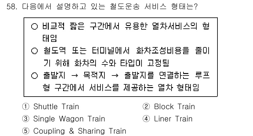 물류관리사_1교시 2025년 58번 - . 비록 짧은 구간에서 운용하는 열차 서비스의 형태임에도 불구하고, 철도... 에 관한 핵심 기출문제