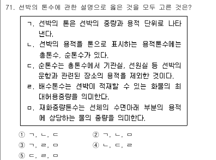 물류관리사_1교시 2025년 71번 - 선박의 톤수는 중량과 용적을 통해 나타내며, 이는 선박의 운송 능력을 평... 에 관한 핵심 기출문제