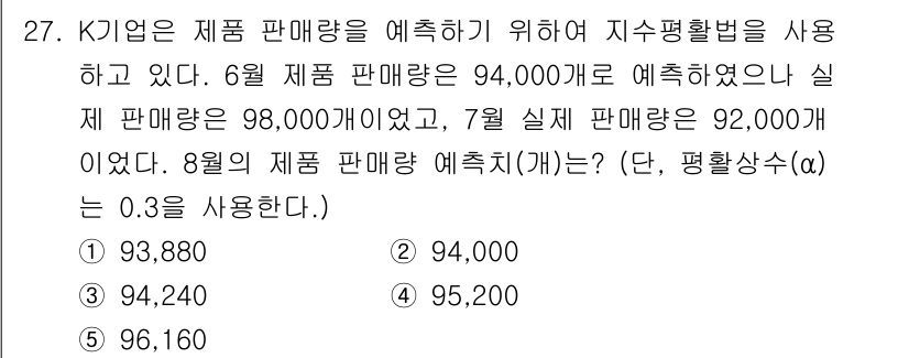 물류관리사_2교시 2025년 27번 - 문제를 해결하기 위해 지수평활법을 사용하여 예측 값을 계산합니다. 6월 ... 에 관한 핵심 기출문제