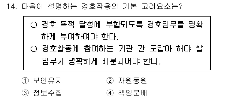 경비지도사_2차(경호학) 2024년 14번 - 정답 4번은 경호활동에 참여하는 기관 간 도맨이 명확해야 한다는 점을 강... 에 관한 핵심 기출문제