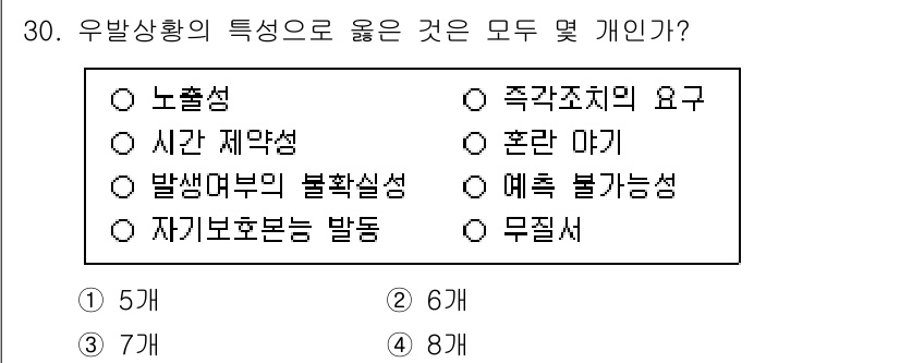 경비지도사_2차(경호학) 2024년 30번 - 우발상황의 특성으로는 노출성, 시간 재개성, 발생여부의 불확실성 등이 포... 에 관한 핵심 기출문제